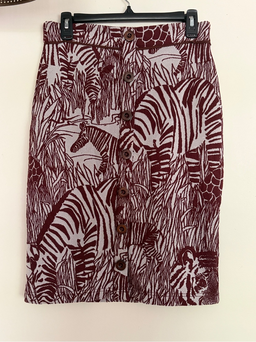Anthropologie Burgundy and White Zebra-Print Button-Front Pencil Skirt